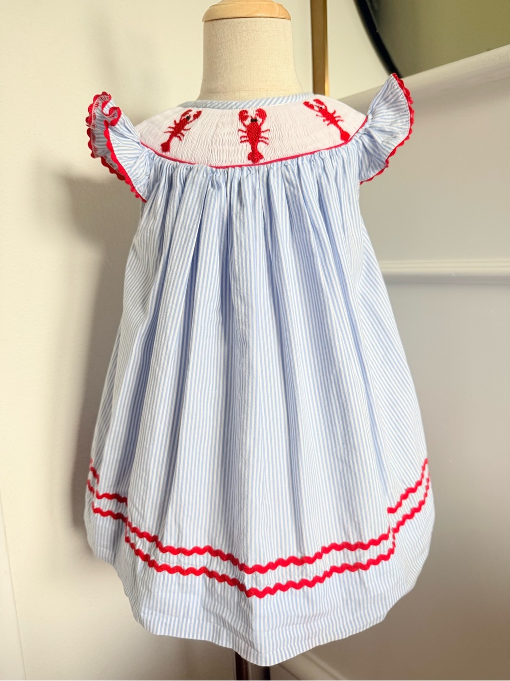 2 Girls and a Dog Smocked Lobster Stripe Dress 12M